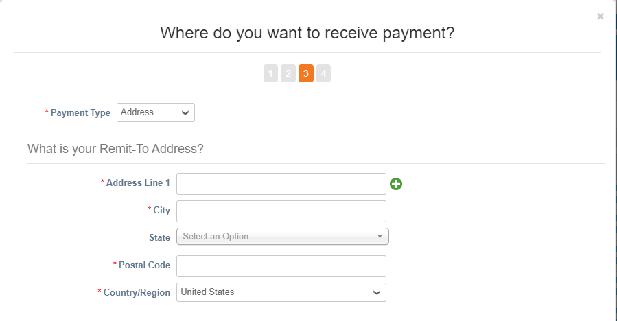 Screenshot of payment information form on the Coupa Supplier Portal.